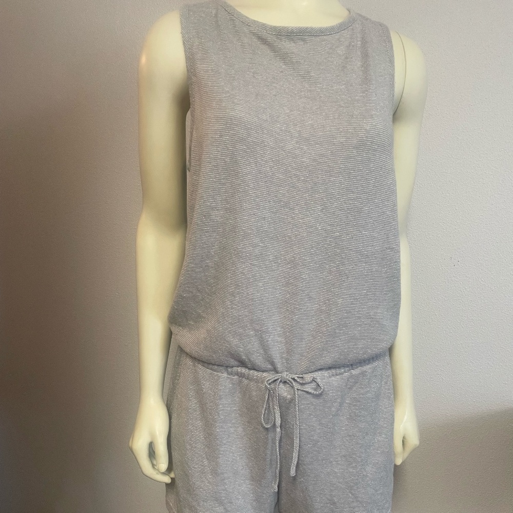 Prana Sylvie Shorts Romper Grey Stripe Wm S Pocket Back Tie Logo Hemp
